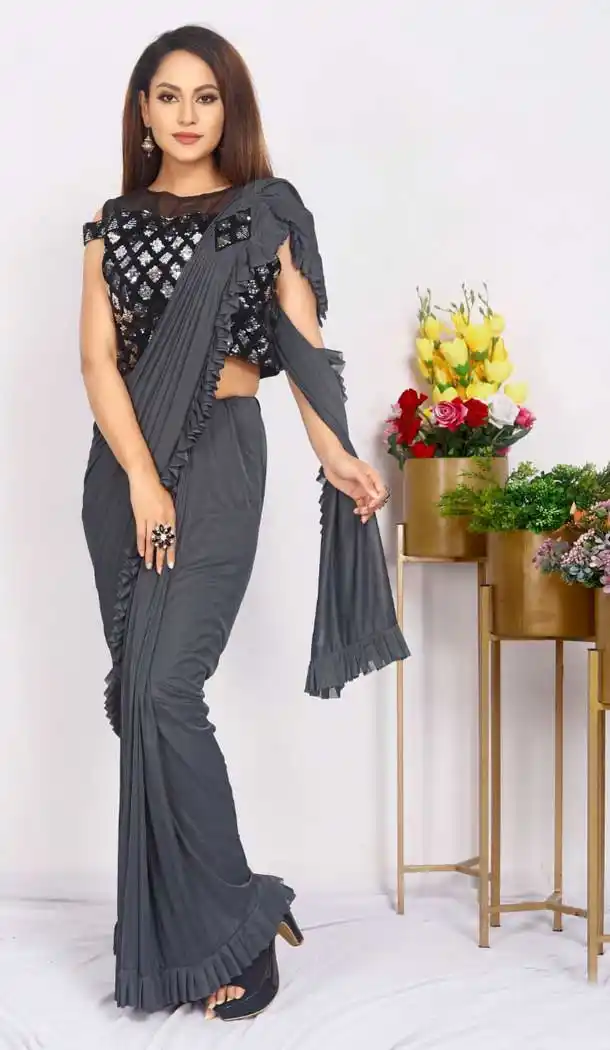 Grey Color Imported Silk Lycra Ready to Wear Fancy Party Wear Saree -1796133236