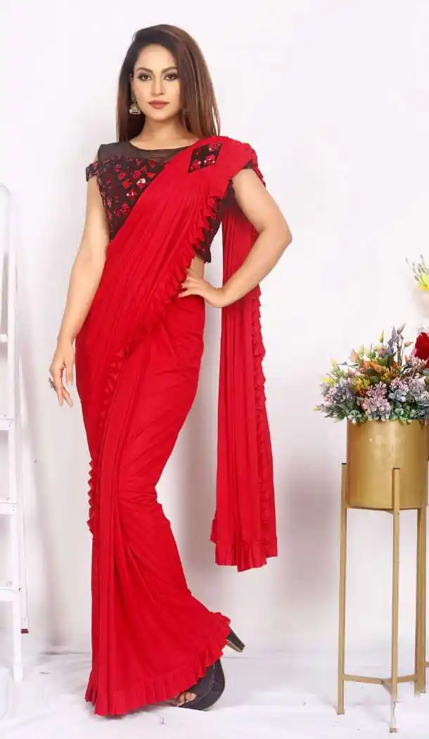 Red Color Imported Silk Lycra Ready to Wear Fancy Party Wear Saree -1796133237