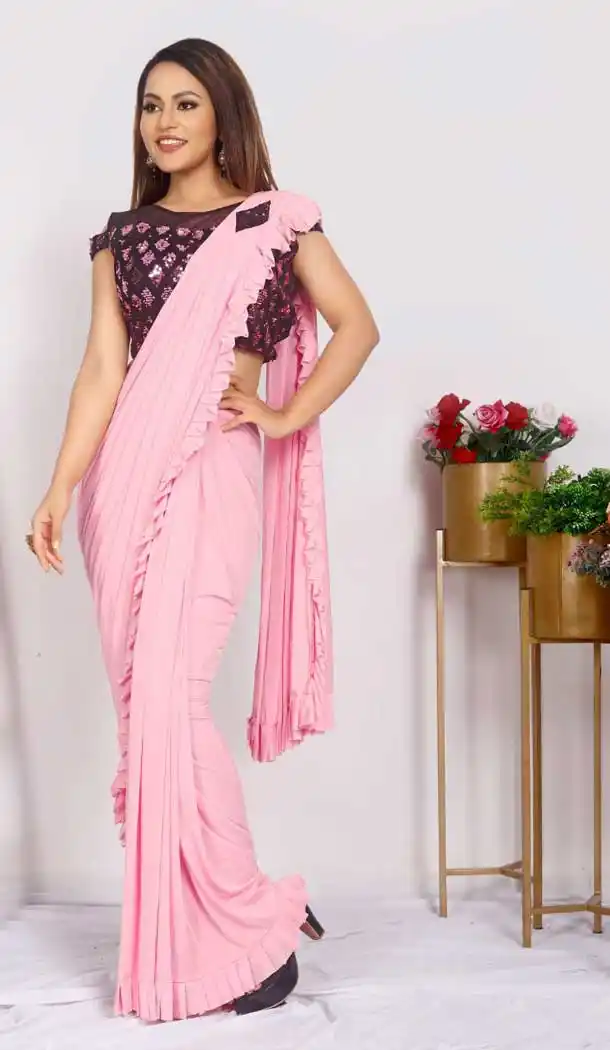 Light Pink Color Imported Silk Lycra Ready to Wear Fancy Party Wear Saree -1796133238