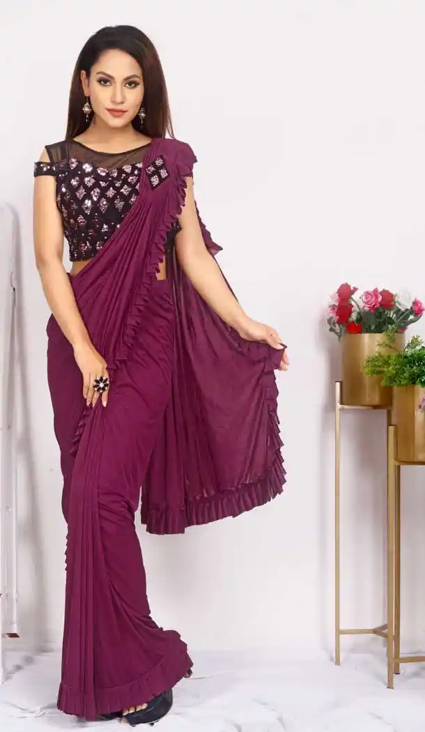 Purple Color Imported Silk Lycra Ready to Wear Fancy Party Wear Saree -1796133240