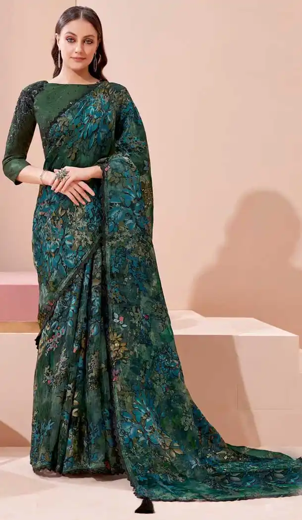 Bottal Green Color Georgette Digital Printed Party Wear Saree Blouse -1805133331