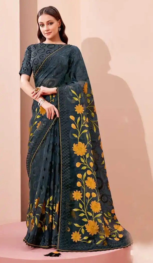 Lovely Grey Color Georgette Digital Printed Party Wear Saree Blouse -1805133339