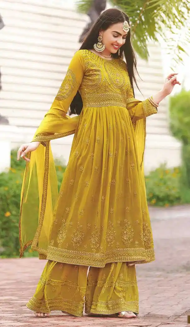 Yellow Color Faux Georgette Embroidery Pakistani Style Palazzo Suit -1809133400