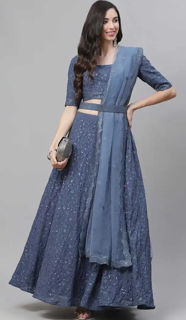 Engaging Grey Color Georgette Heavy Designer Bridal Wear Lehenga Choli -1815133444