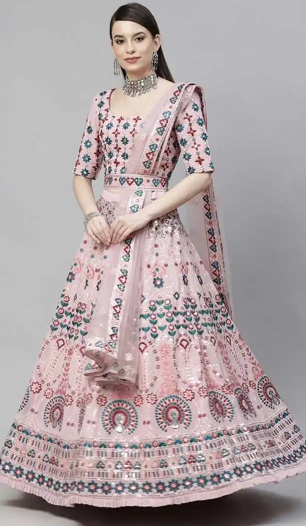 Attractive Pink Color Georgette Heavy Designer Bridal Wear Lehenga Choli -1815133447