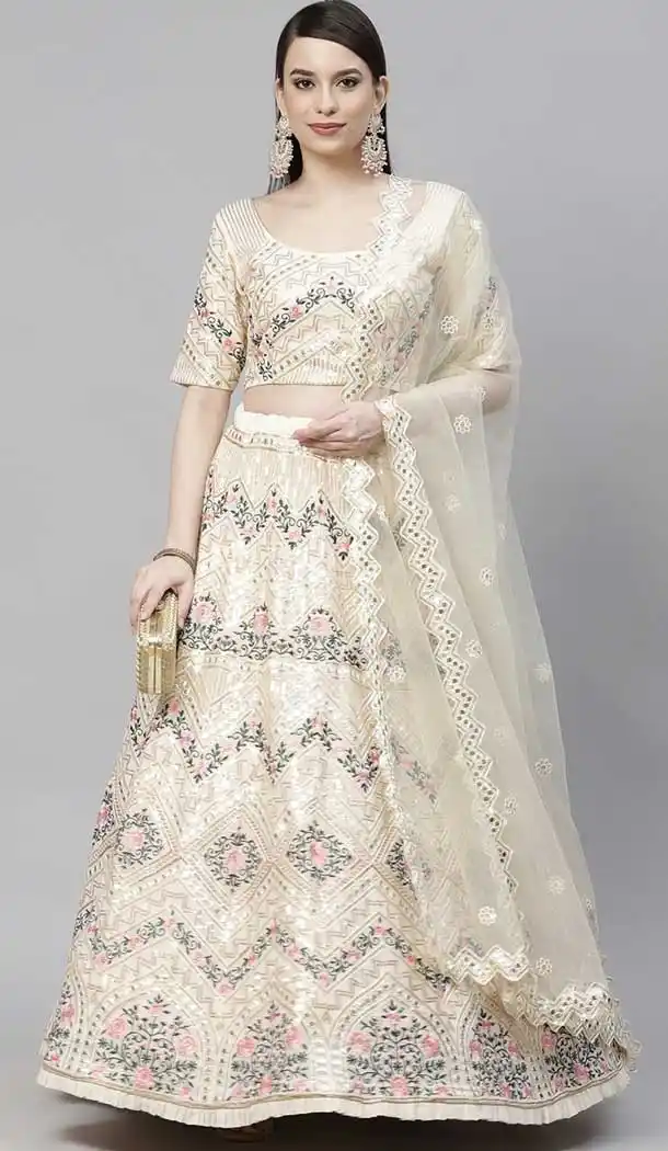 Sparkling Beige Color Georgette Heavy Designer Bridal Wear Lehenga Choli -1815133448