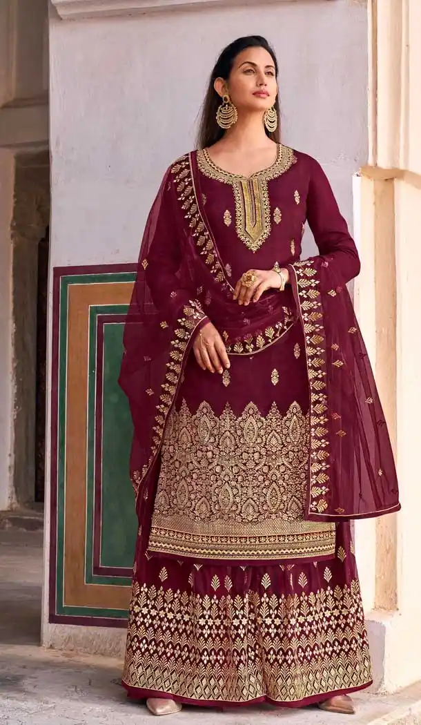Maroon Color Dola Jacquard Heavy Embroidered Designer Palazzo Suit -1816133456