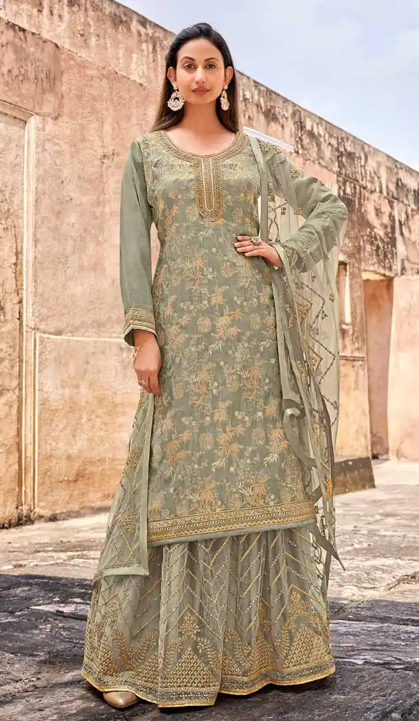Grey Color Dola Jacquard Heavy Embroidered Designer Palazzo Suit -1816133457