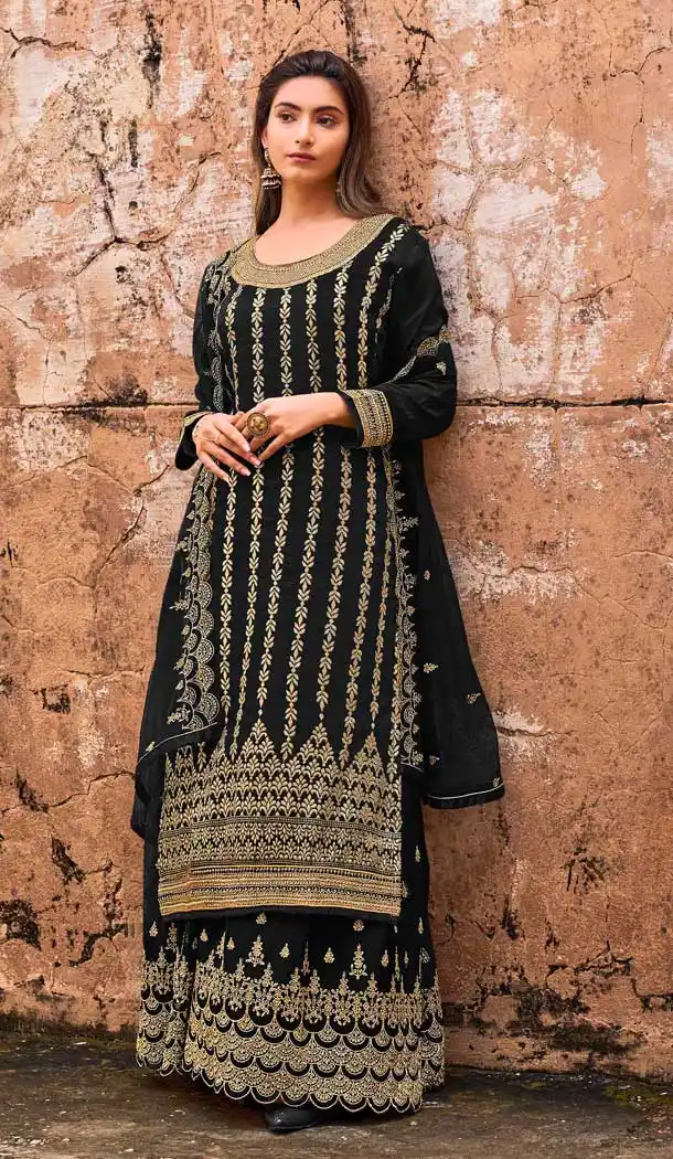 Black Color Dola Jacquard Heavy Embroidered Designer Palazzo Suit -1816133458
