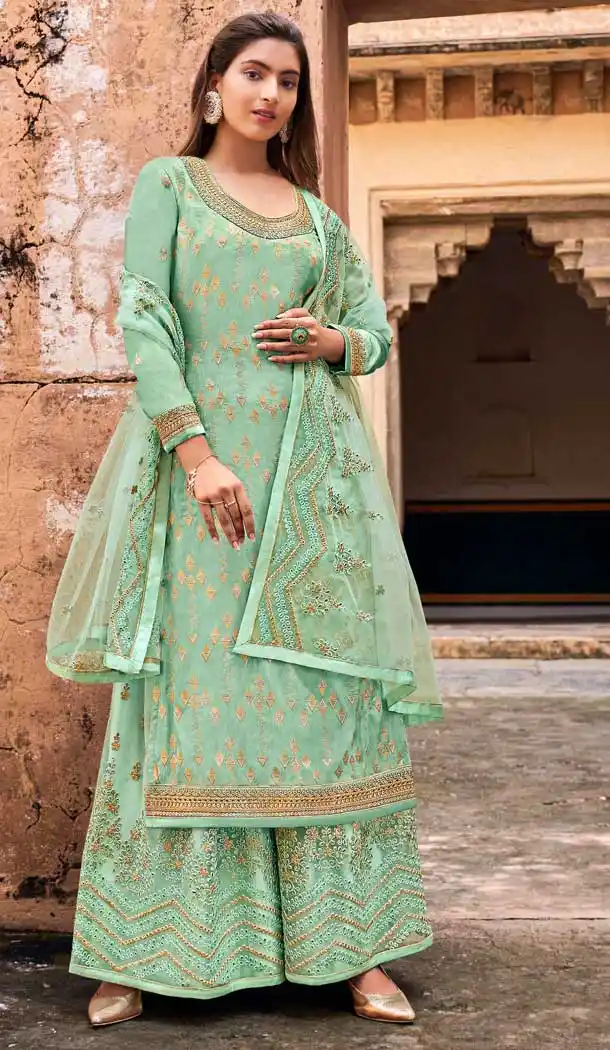 Sea Green Color Dola Jacquard Heavy Embroidered Designer Palazzo Suit -1816133459