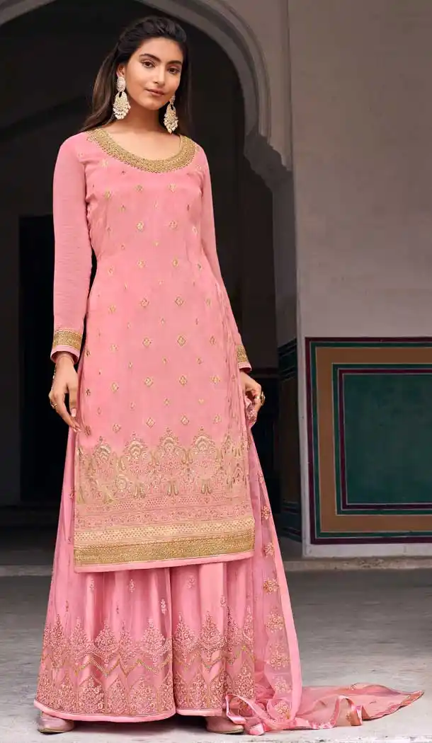 Pink Color Dola Jacquard Heavy Embroidered Designer Palazzo Suit -1816133460