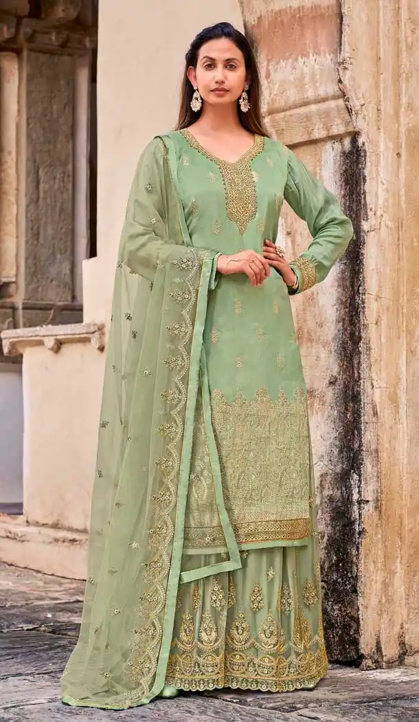 Divine Green Color Dola Jacquard Heavy Embroidered Designer Palazzo Suit -1816133461