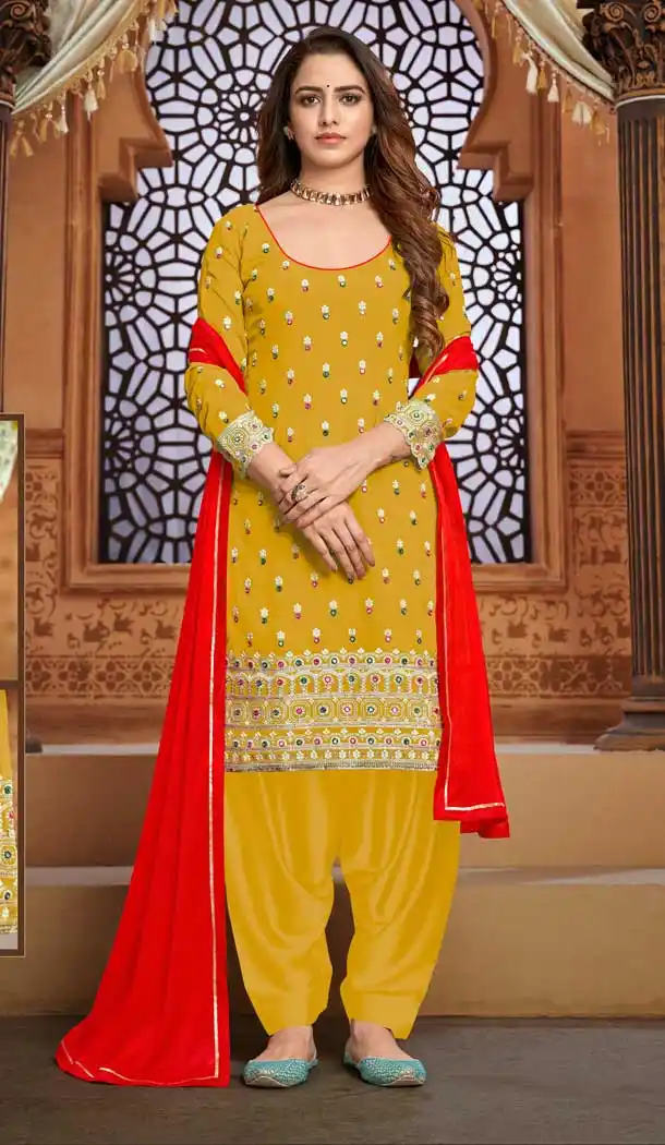 Yellow Color Faux Georgette Casual Party Wear Patiyala Salwar Suit -1821133501