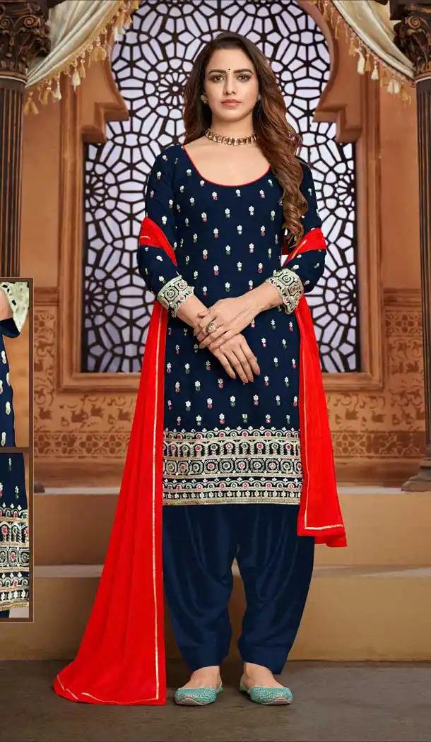 Navy Blue Color Faux Georgette Casual Party Wear Patiyala Salwar Suit -1821133503
