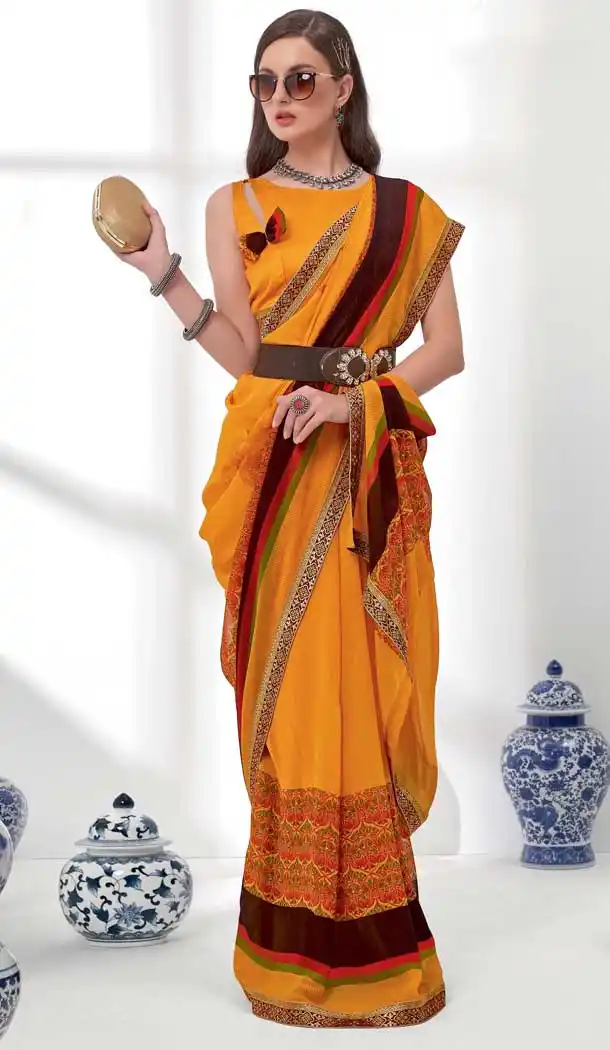 Yellow Color Georgette Floral Printed Casual Office Wear Saree Blouse -1855133872