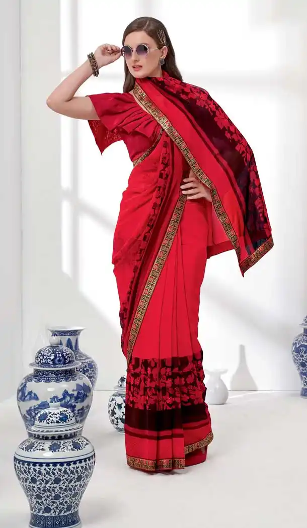 Red Color Georgette Floral Printed Casual Office Wear Saree Blouse -1855133875