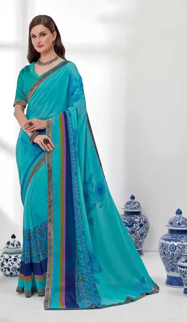 Sky Blue Color Georgette Floral Printed Casual Office Wear Saree Blouse -1855133876
