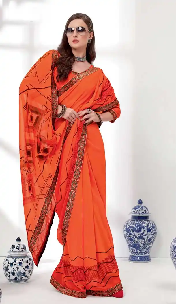 Orange Color Georgette Floral Printed Casual Office Wear Saree Blouse -1855133877