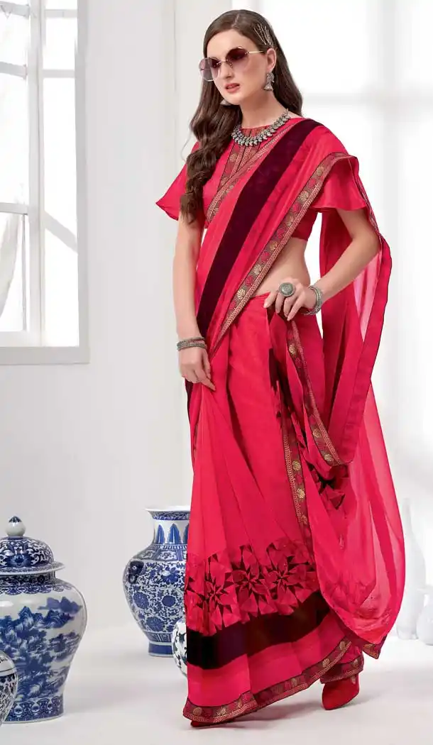 Rose Pink Color Georgette Floral Printed Casual Office Wear Saree Blouse -1855133879