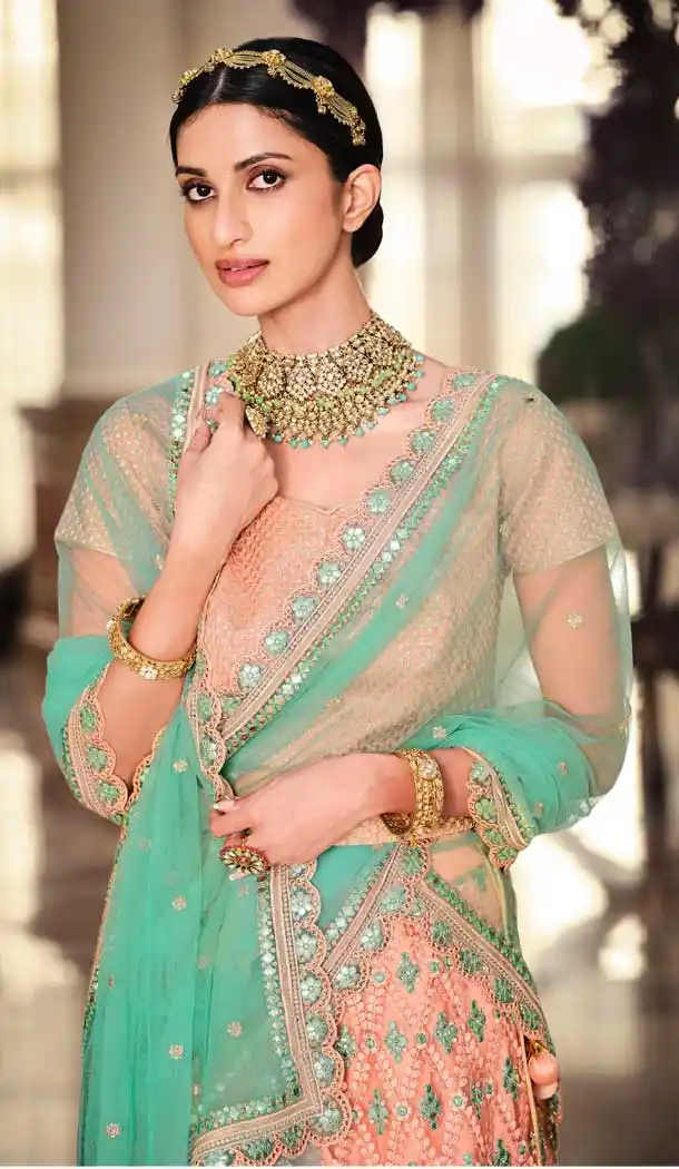 Peach Color Net Heavy Embroidered Work Wedding Lehenga Choli -1859133942