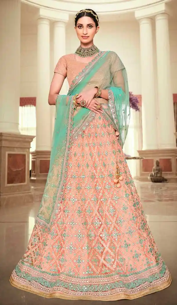 Peach Color Net Heavy Embroidered Work Wedding Lehenga Choli -1859133942