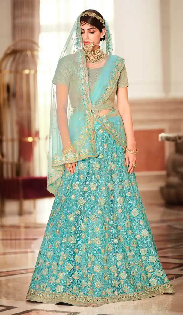 Aqua Color Net Heavy Embroidered Work Wedding Lehenga Choli -1859133943