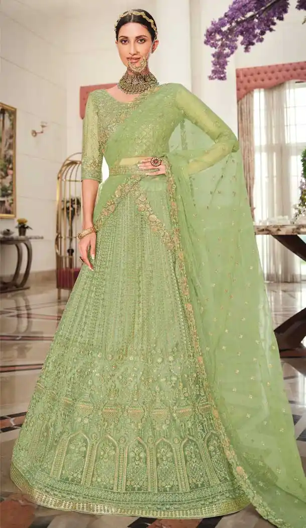 Pista Green Color Net Heavy Embroidered Work Wedding Lehenga Choli -1859133944
