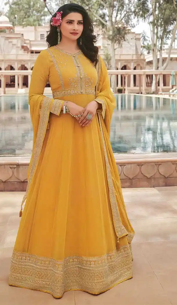 Prachi Desai Yellow Color Faux Georgette Anarkali Salwar Suit -1871134069
