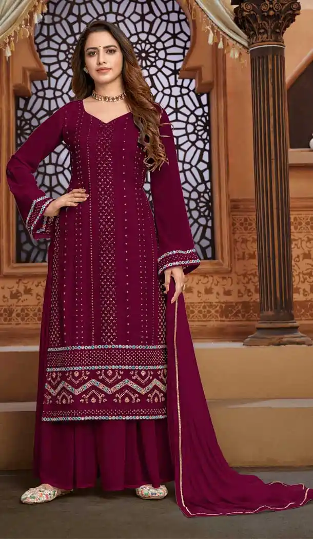 Wine Color Faux Georgette Heavy Embroidery Pakistani Palazzo Suit -1873134079