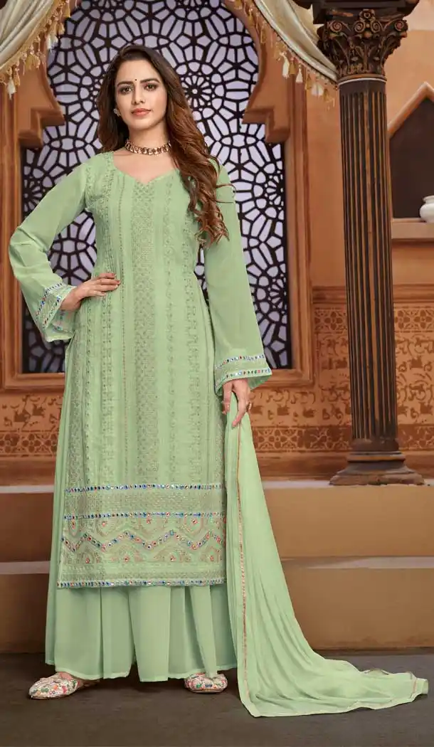 Pista Color Faux Georgette Heavy Embroidery Pakistani Palazzo Suit -1873134083