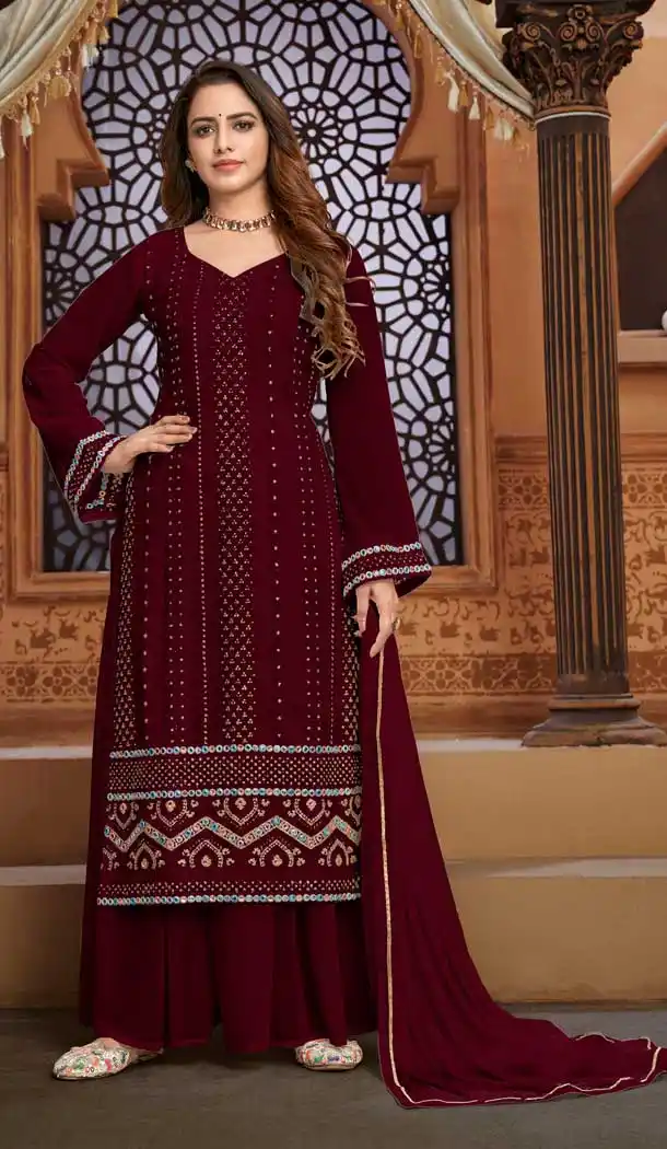 Maroon Color Faux Georgette Heavy Embroidery Pakistani Palazzo Suit -1873134084