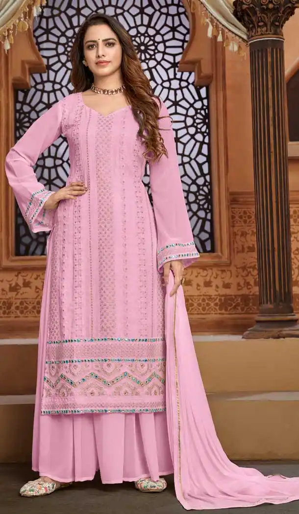 Light Pink Color Faux Georgette Heavy Embroidery Pakistani Palazzo Suit -1873134085