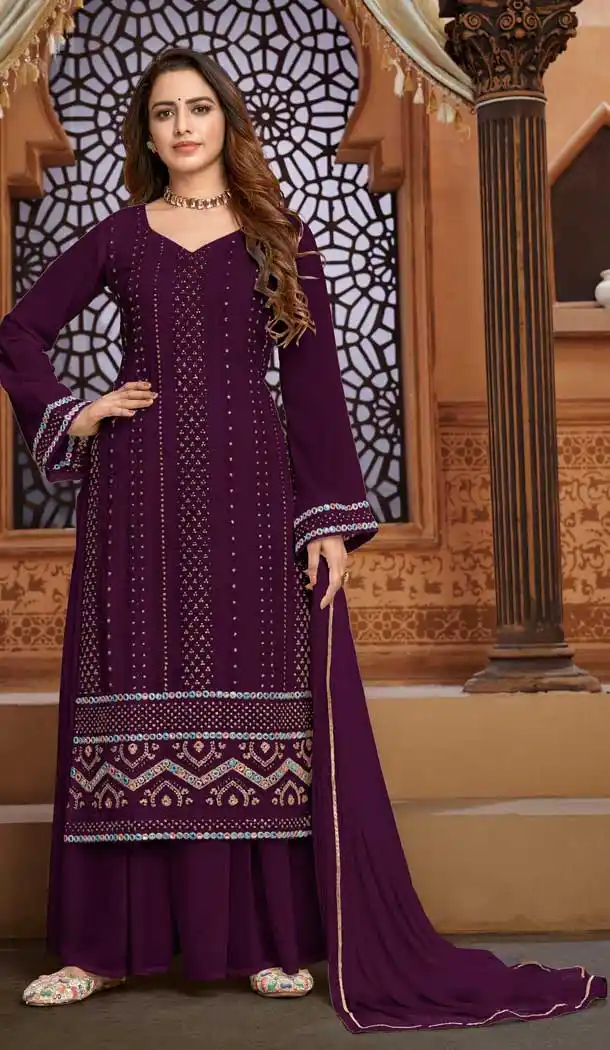 Purple Color Faux Georgette Heavy Embroidery Pakistani Palazzo Suit -1873134086