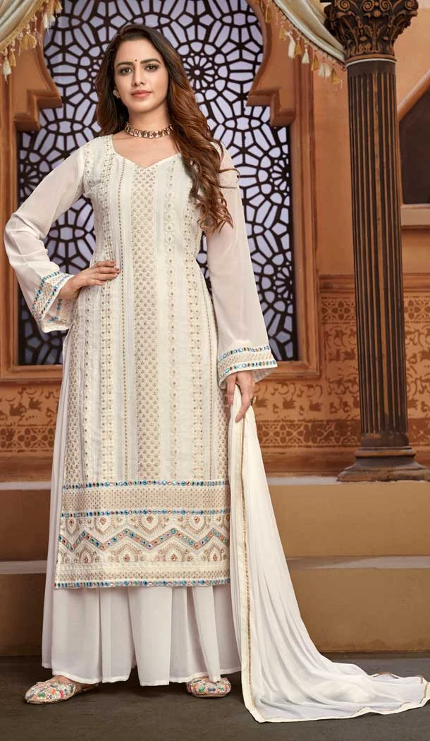 Off White Color Faux Georgette Heavy Embroidery Pakistani Palazzo Suit -1873134087 Off White Color Faux Georgette Heavy Embroidery Pakistani Palazzo Suit -1873134087