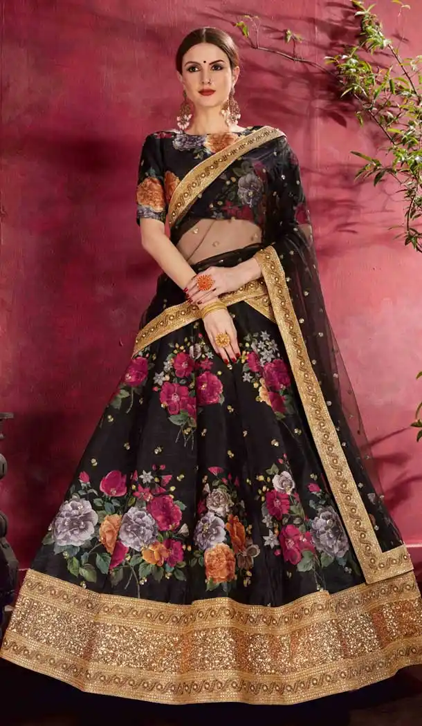 Black Color Raw Silk Digital Printed Party Wear Women Lehenga Choli -1878134110
