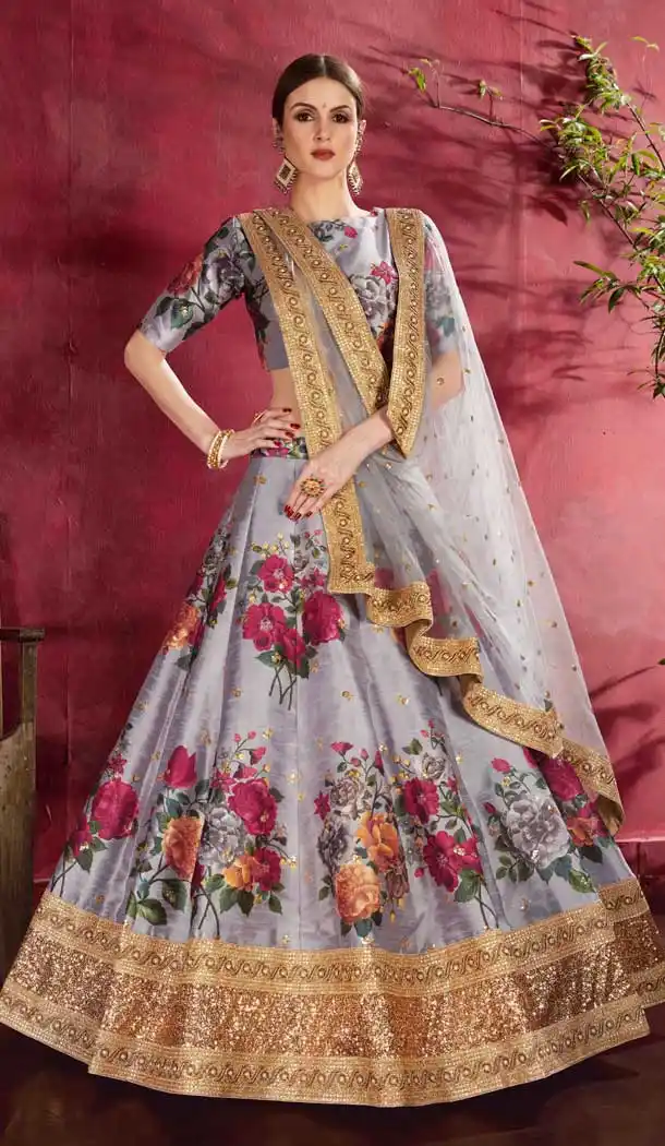 Grey Color Raw Silk Digital Printed Party Wear Women Lehenga Choli -1878134112