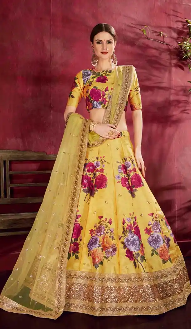 Yellow Color Raw Silk Digital Printed Party Wear Women Lehenga Choli -1878134115