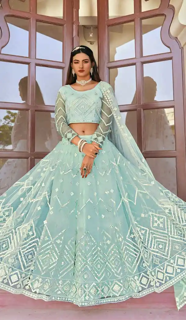 Sky Blue Color Net Heavy Embroidered Sangeet Party Wear Lehenga Choli -1886134165