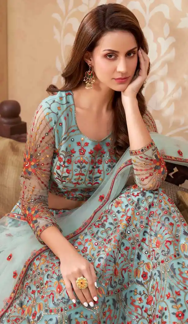 Sky Blue Color Net Designer Wedding Reception Wear Lehenga Choli -1887134166