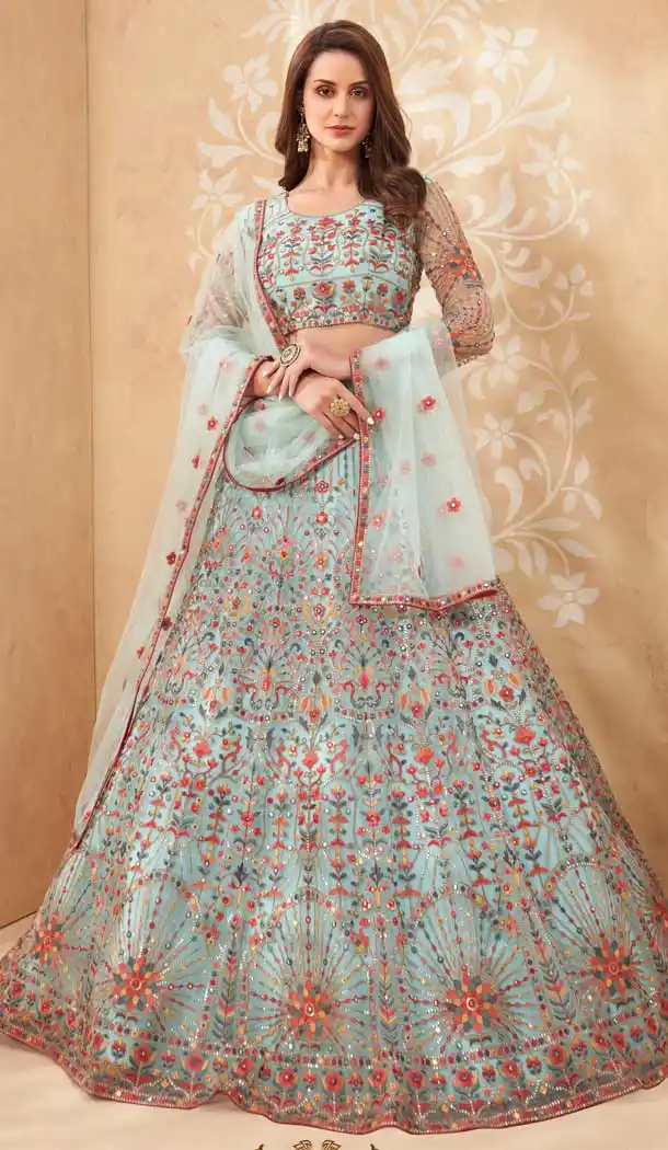Sky Blue Color Net Designer Wedding Reception Wear Lehenga Choli -1887134166