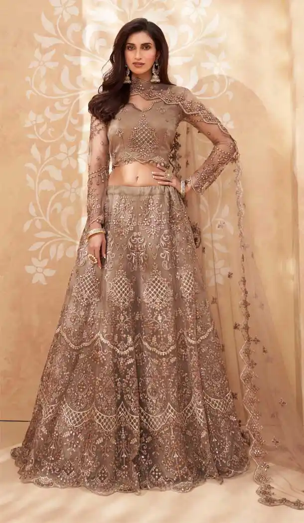 Brown Color Net Designer Wedding Reception Wear Lehenga Choli -1887134169