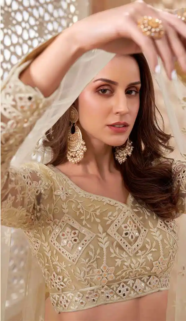 Alluring Cream Color Net Designer Wedding Reception Wear Lehenga Choli -1887134170