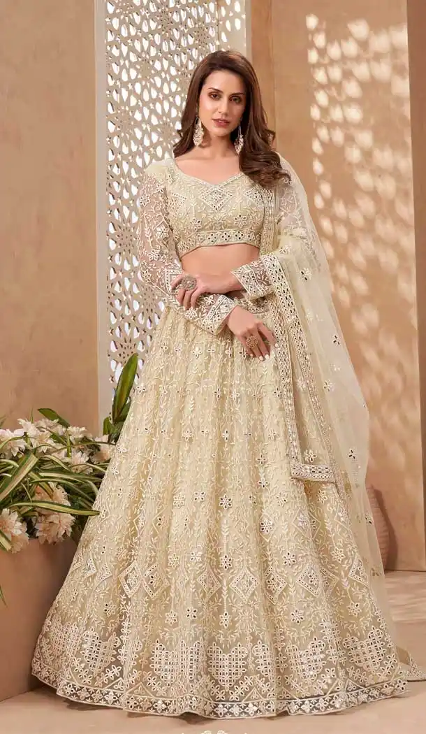 Alluring Cream Color Net Designer Wedding Reception Wear Lehenga Choli -1887134170