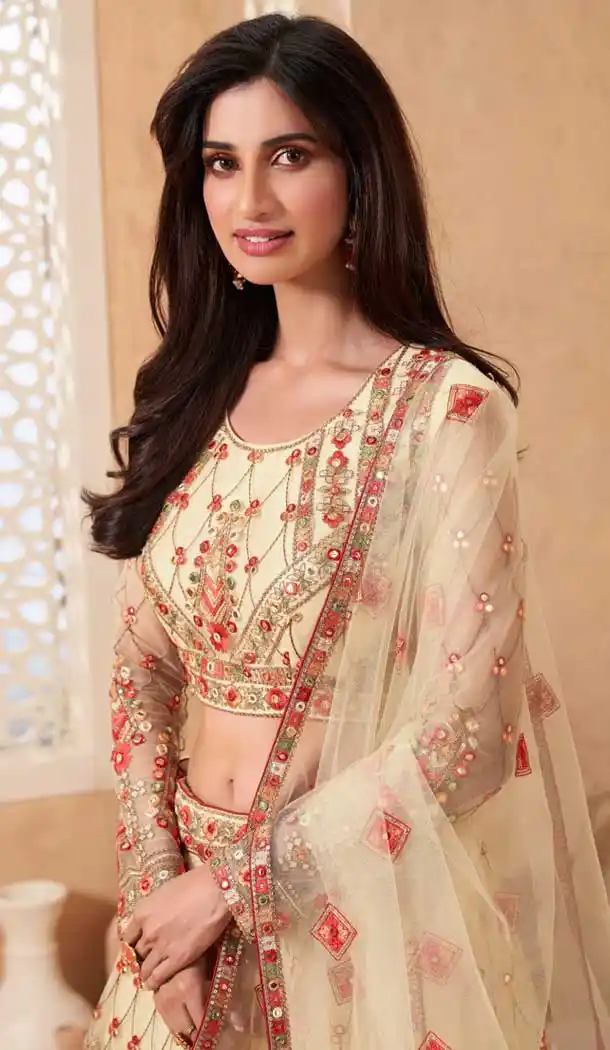 Lovely Cream Color Net Designer Wedding Reception Wear Lehenga Choli -1887134171