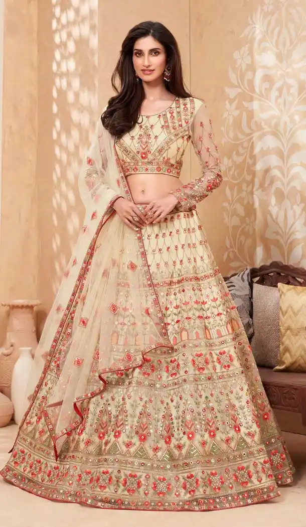 Lovely Cream Color Net Designer Wedding Reception Wear Lehenga Choli -1887134171