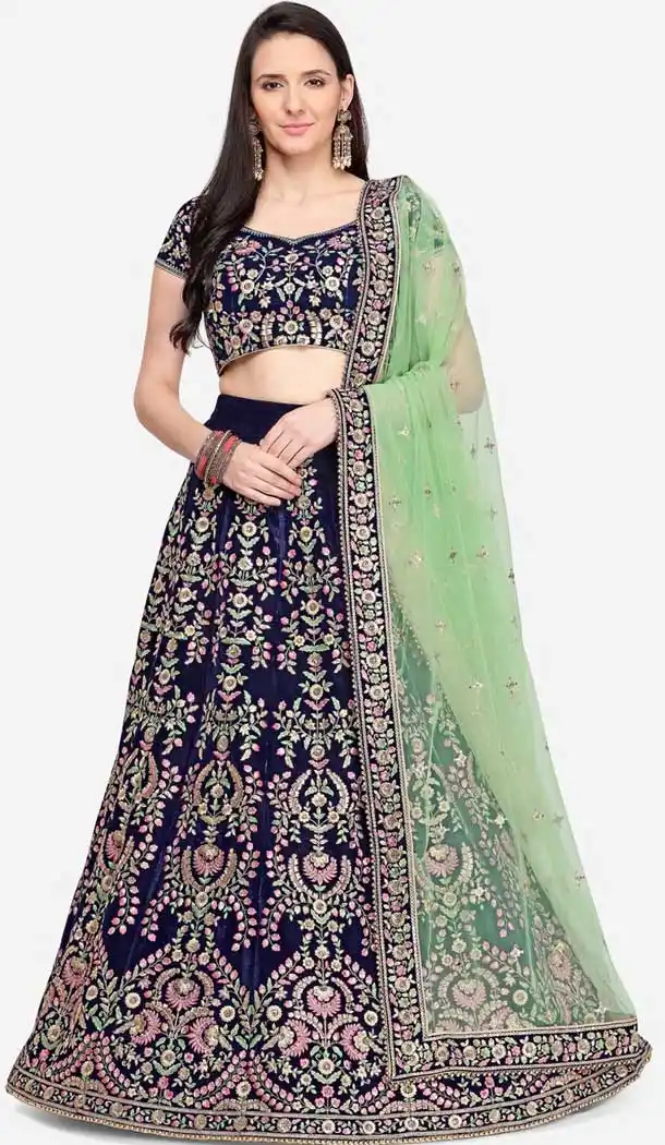 Stylish Navy Blue Color Velvet Designer Wedding Wear Lehenga Choli -1900134270
