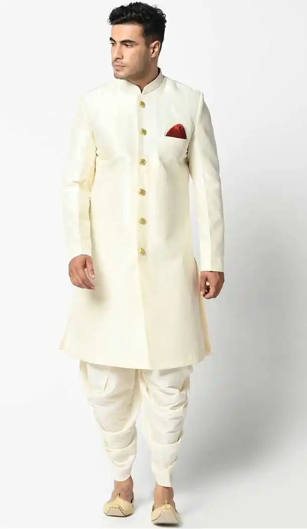 Cream Color Dupion Silk Ready Made Plus SIze Men's Indo Western Sherwani -1907134388