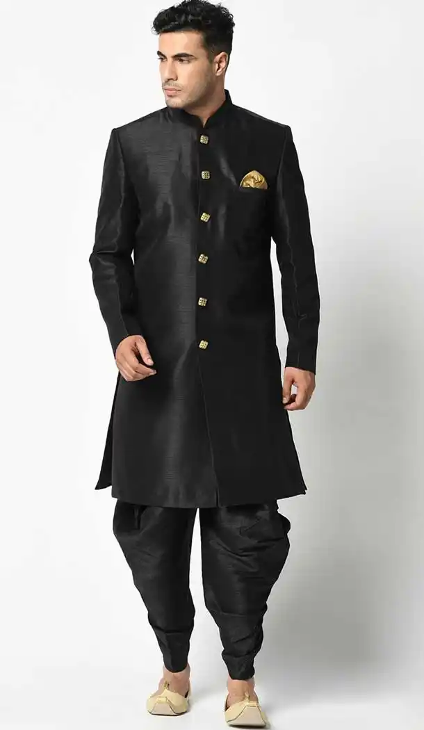Black Color Dupion Silk Ready Made Plus SIze Men's Indo Western Sherwani -1907134389