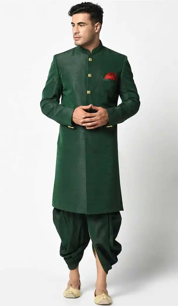 Green Color Dupion Silk Ready Made Plus SIze Men's Indo Western Sherwani -1907134390