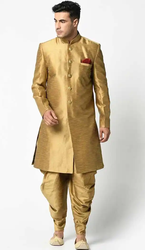 Gold Color Dupion Silk Ready Made Plus SIze Men's Indo Western Sherwani -1907134392